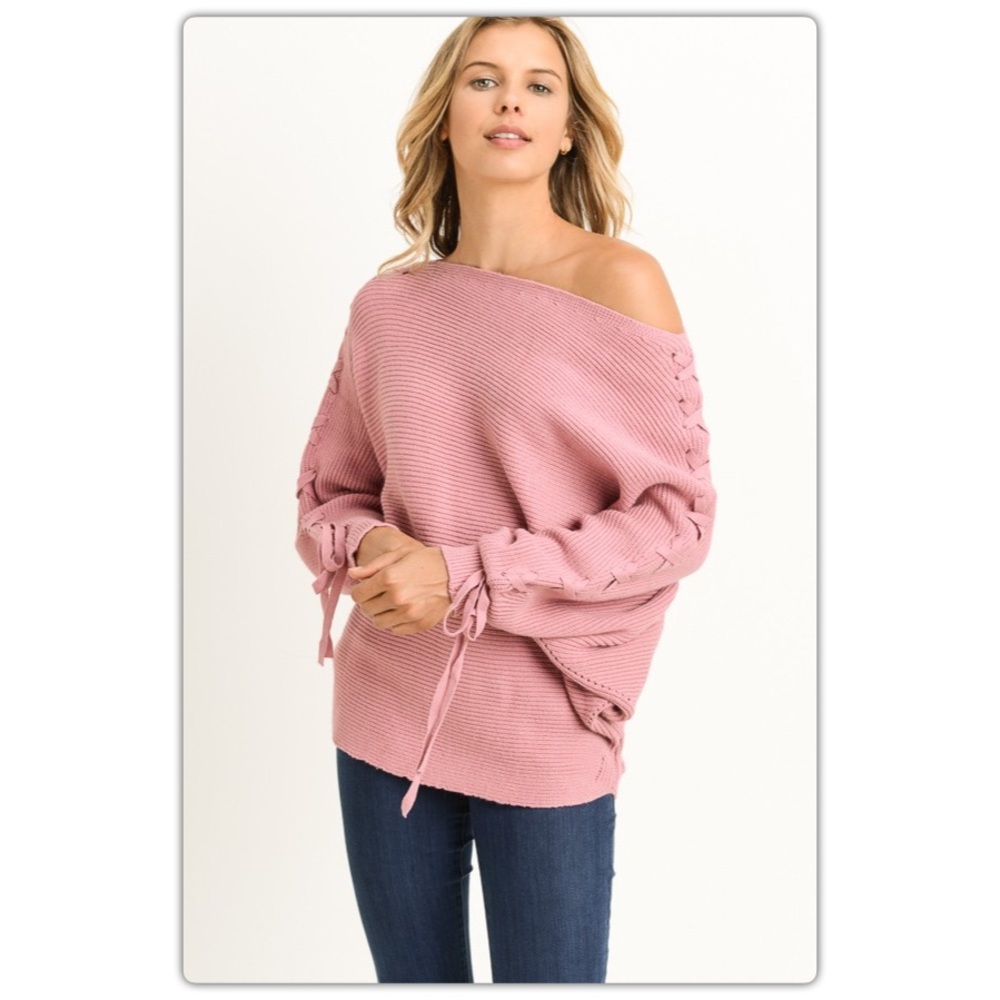 Pink Lace Up Sleeve Sweater
